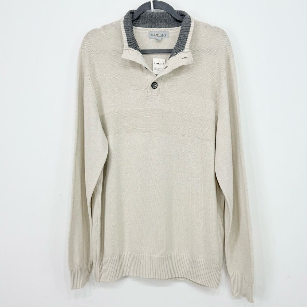 Sun River Clothing Co. Ivory Heather Quarter Button Cotton Pullover Sweater NEW